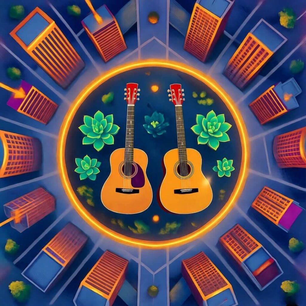 Energetic bird's-eye Austin rooftop: guitars, succulents morph into glowing magenta-blue affiliate links.