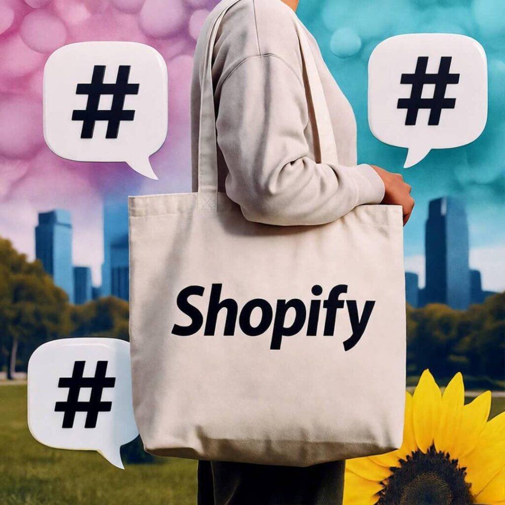 Influencer shoots Reel in park, holds Shopify tote, skyline, hashtag bubbles.