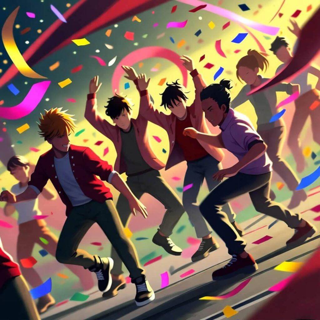 Micro-influencers dancing in a vibrant confetti storm, tilted with chaos.