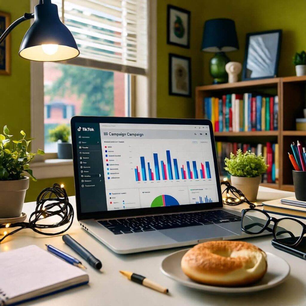 Messy Brooklyn desk, laptop with TikTok dashboard, half-eaten bagel, tangled fairy lights.