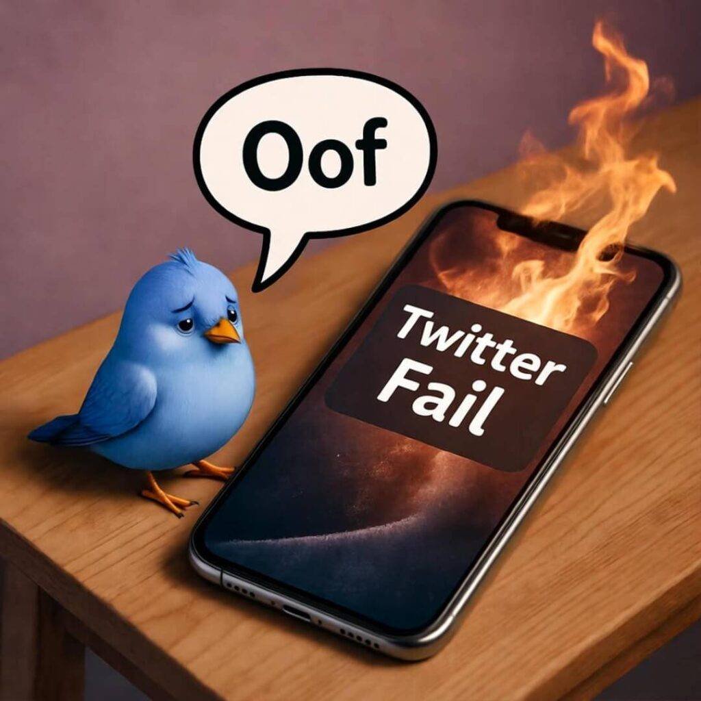 Vintage phone with Twitter fail, sad blue bird saying "Oof," lavender and orange.