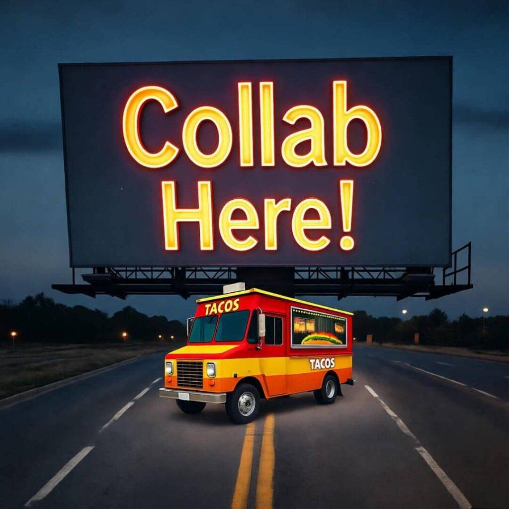 Neon taco truck billboard "Collab Here!" with influencers high-fiving ghosts above Miami.