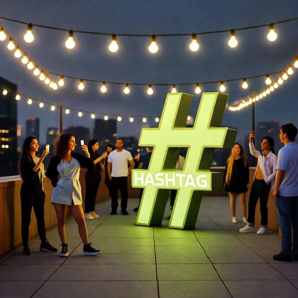 Rooftop party with string lights, selfie-taking influencers, leaning hashtag sculpture.