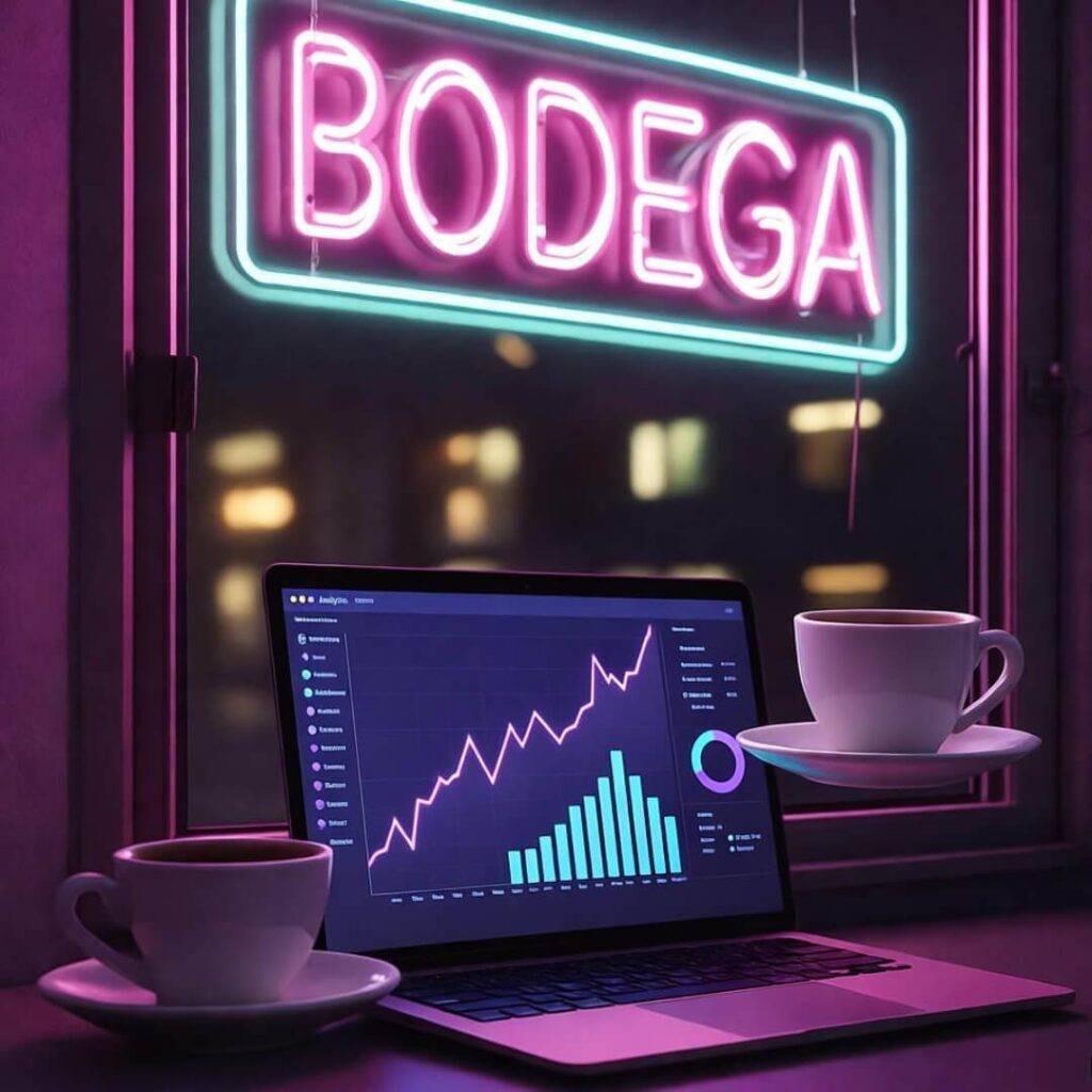 Bronx window at night with neon bodega sign, laptop analytics, floating coffee.