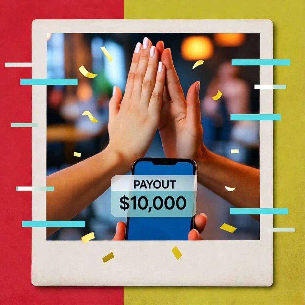 Tilted Polaroid of high-fiving hands over phone payout in coffee shop, rejection email confetti in bold red and lime green.