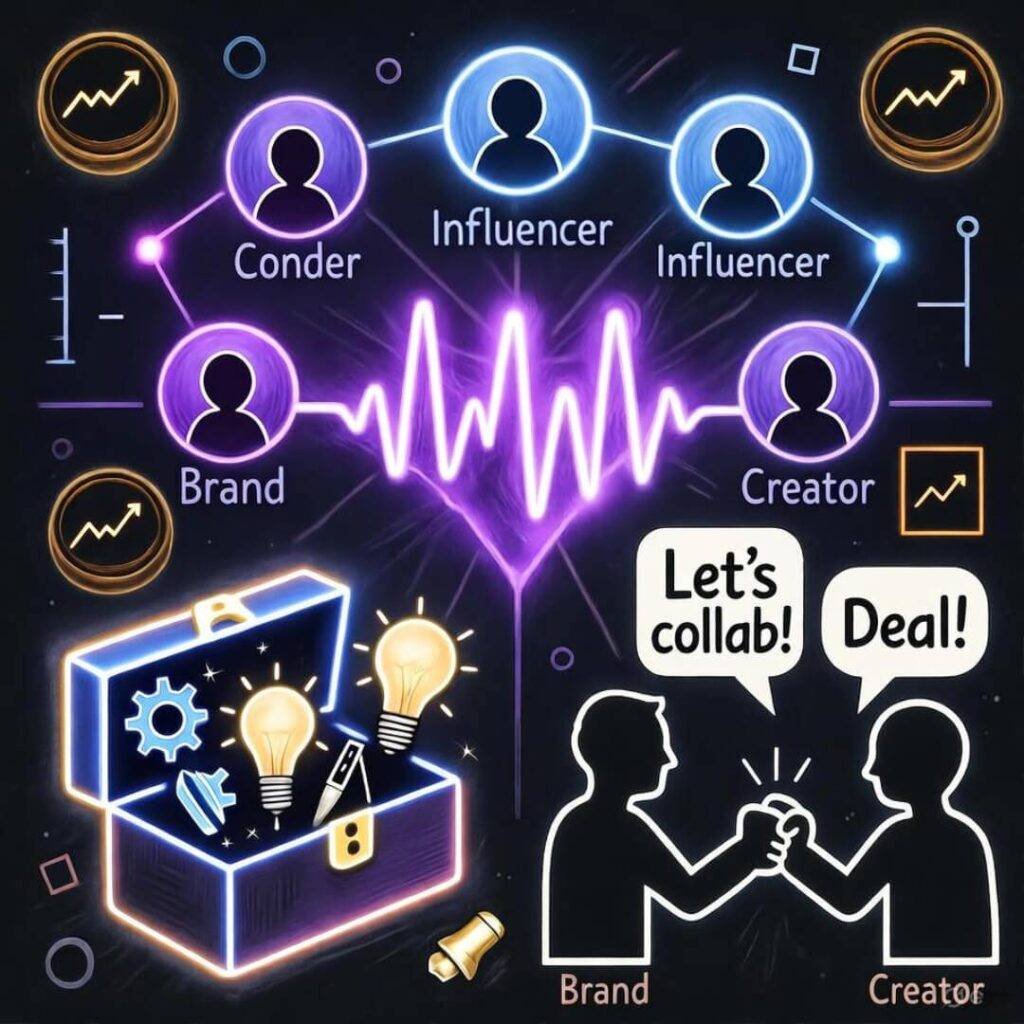 Glowing influencer web, toolbox with gears, fist-bump, neon graphs, cyberpunk vibe.