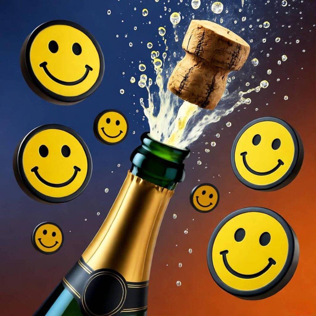 Champagne pops with Grin icons, sapphire and orange, bittersweet toast vibe.