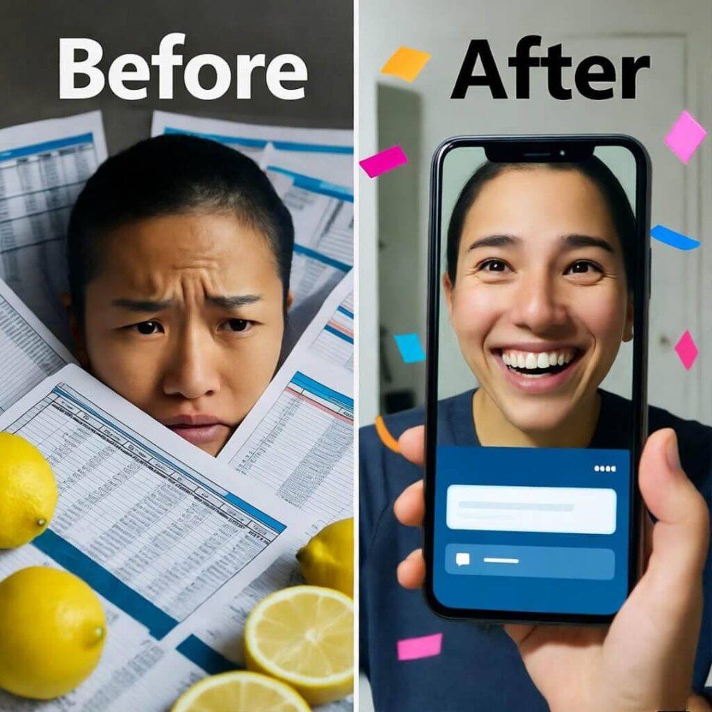 Split-screen "Before" Excel frown vs. "After" app grin, confetti, bathroom selfie.