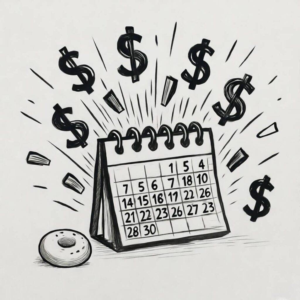 Calendar explodes into dollar-sign confetti, bagel crumb in corner.