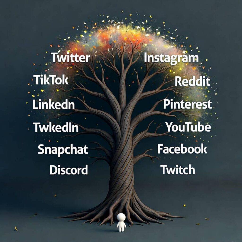 Cartoon me at confetti tree roots, branches twist with platform "what-ifs."