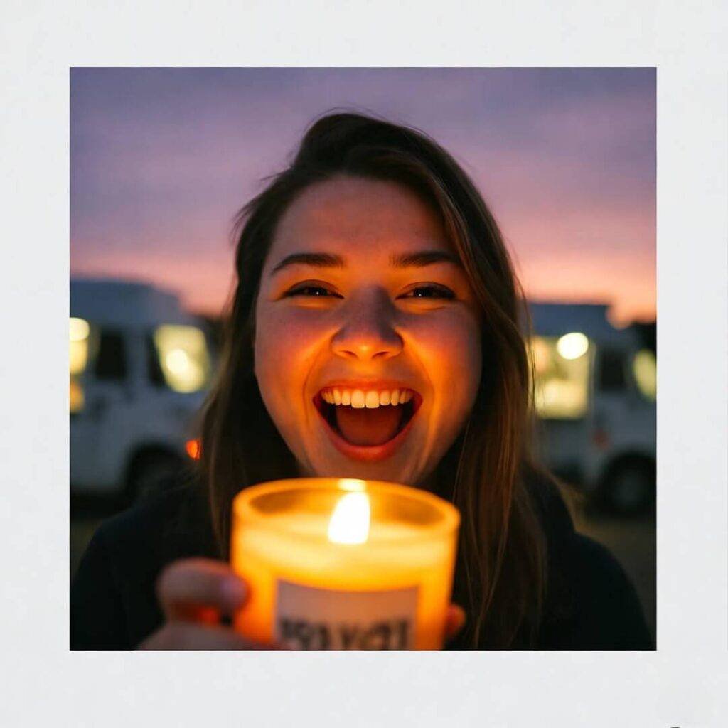 A smiling woman holds a lit candle, illuminating her face at dusk.
