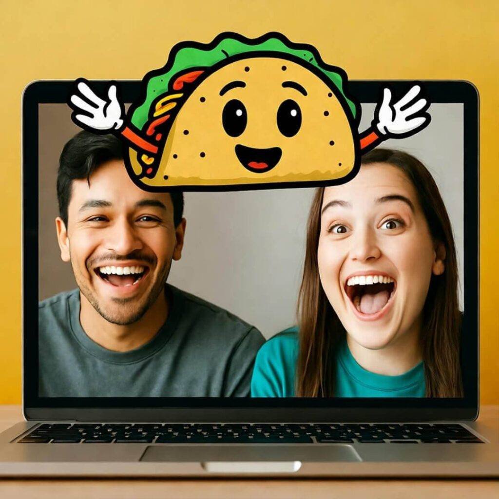 Laptop with Zoom call, laughing duo, goofy taco doodle, wonky angle.