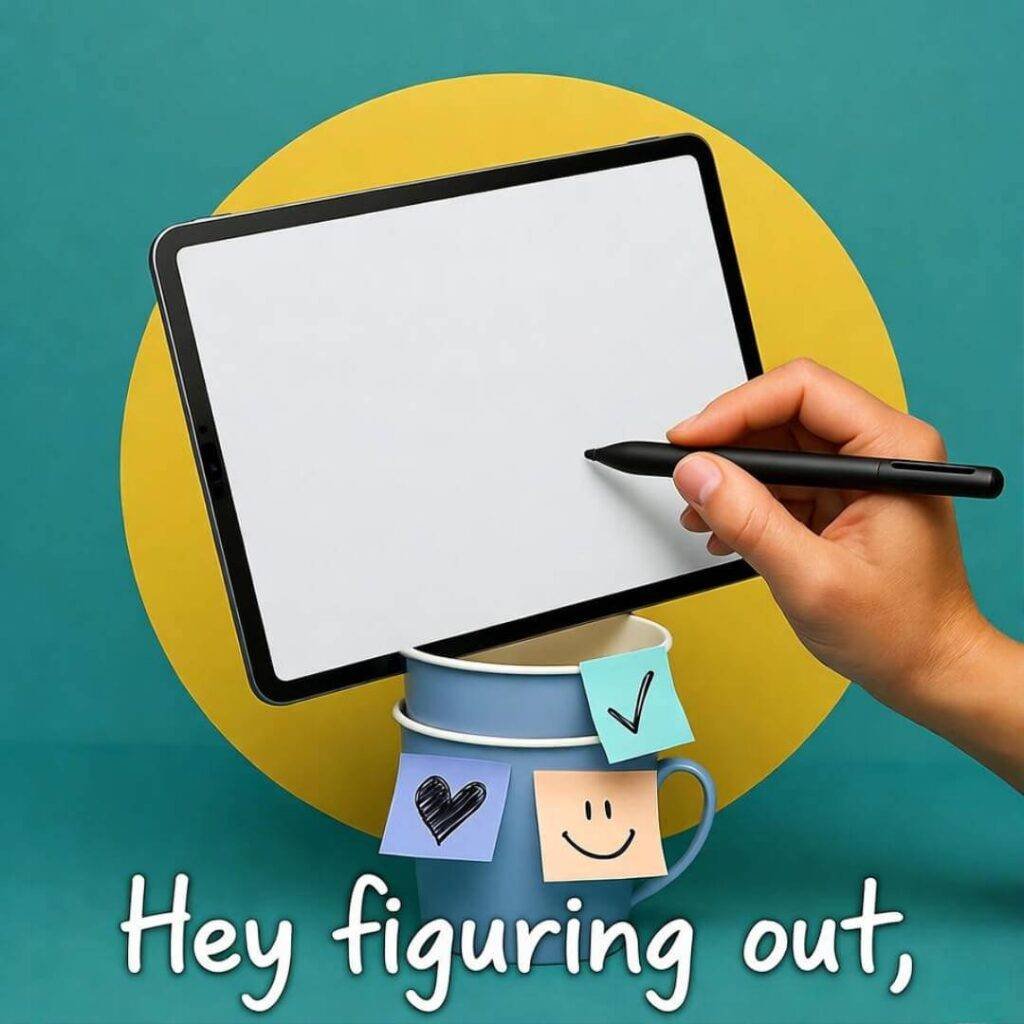 Tablet signing, cups with scribbled Post-its, teal yellow, dollar sign vibe.