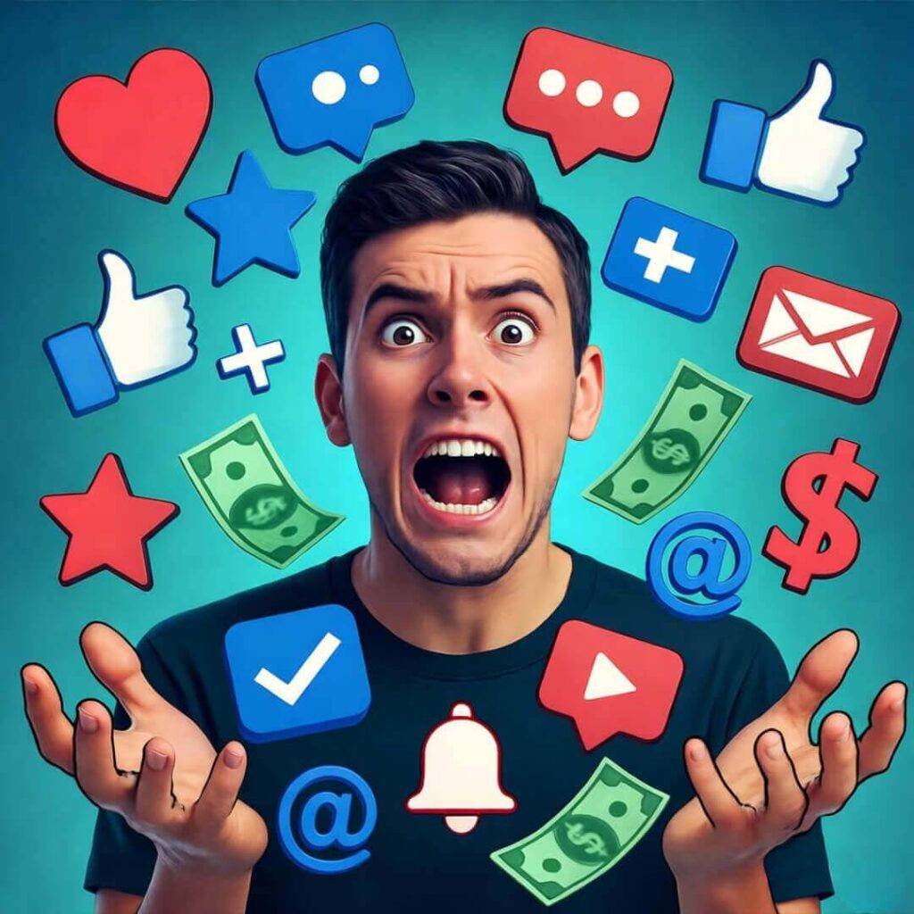 Frazzled person juggling social media icons and dollar bills on neon teal backdrop.