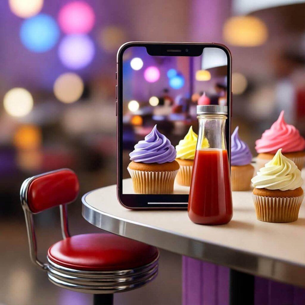 Cozy diner counter with phone filming cupcakes on ketchup bottle, purple and yellow hues.