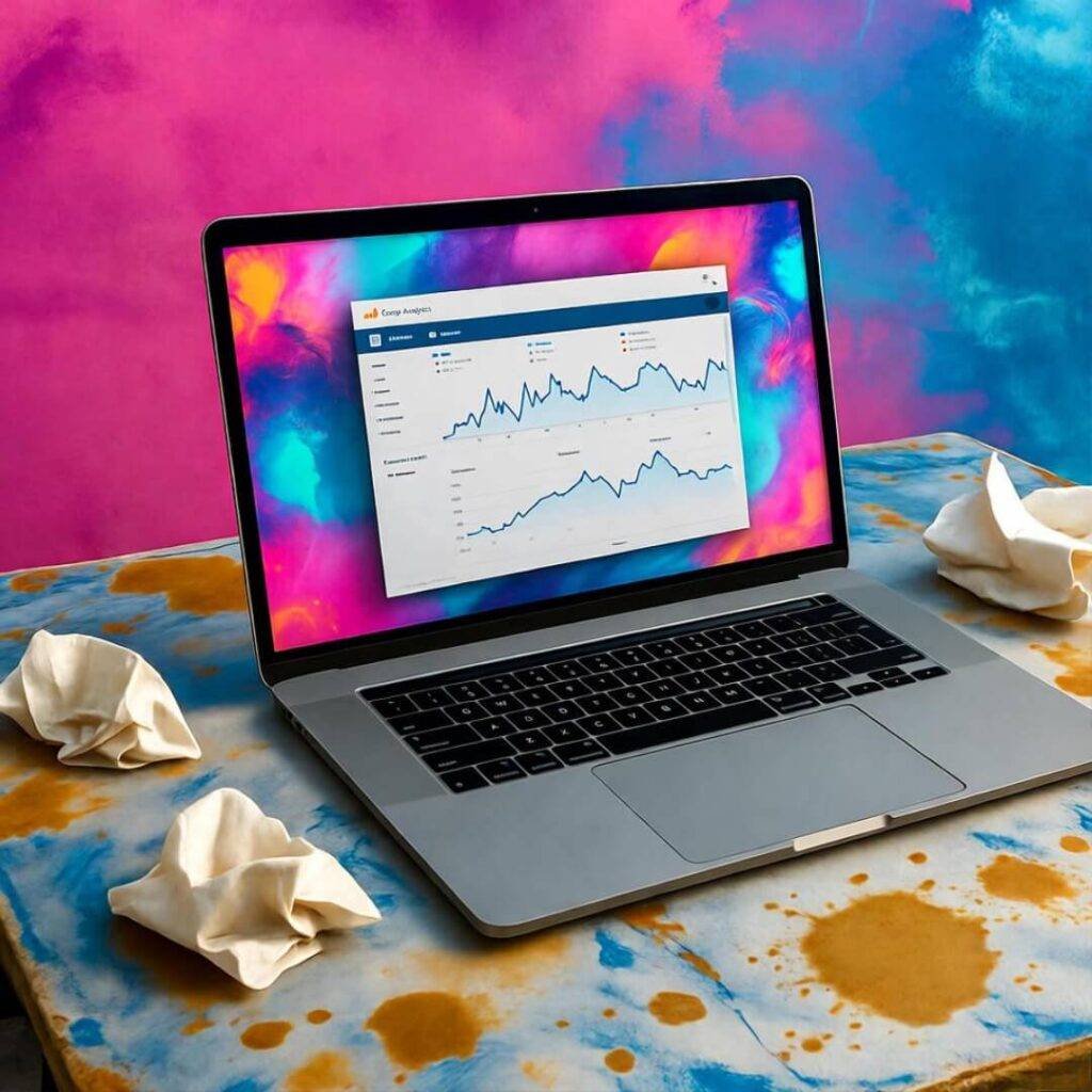 Laptop with Google Analytics on messy diner table, coffee stains, pink and blue hues.