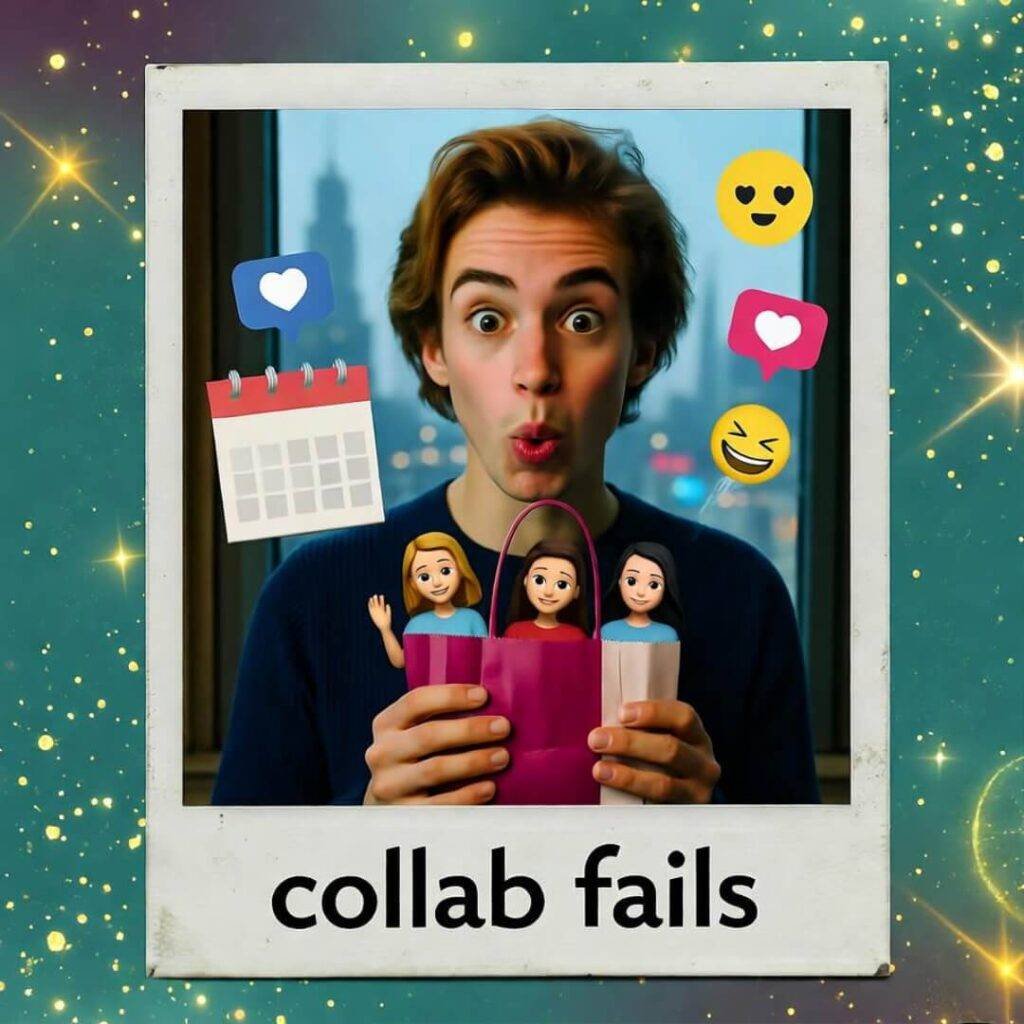 Sneezing selfie with gift bag, NYC view, calendar marked "collab fails," emojis pop.