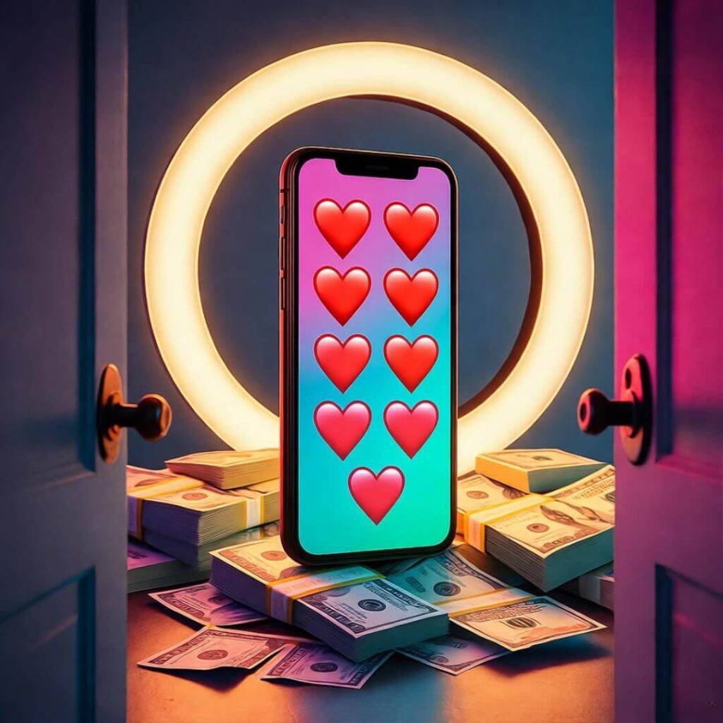Neon influencer setup with ring light, cash, phone hearts, peeked through door.