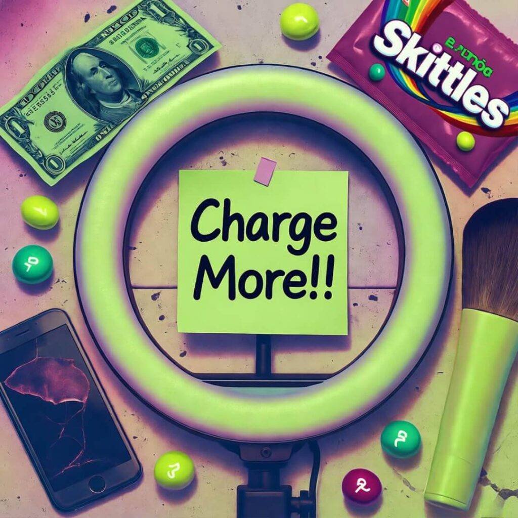 Messy flat-lay with ring light, "Charge More" note, dollar, spilled Skittles.