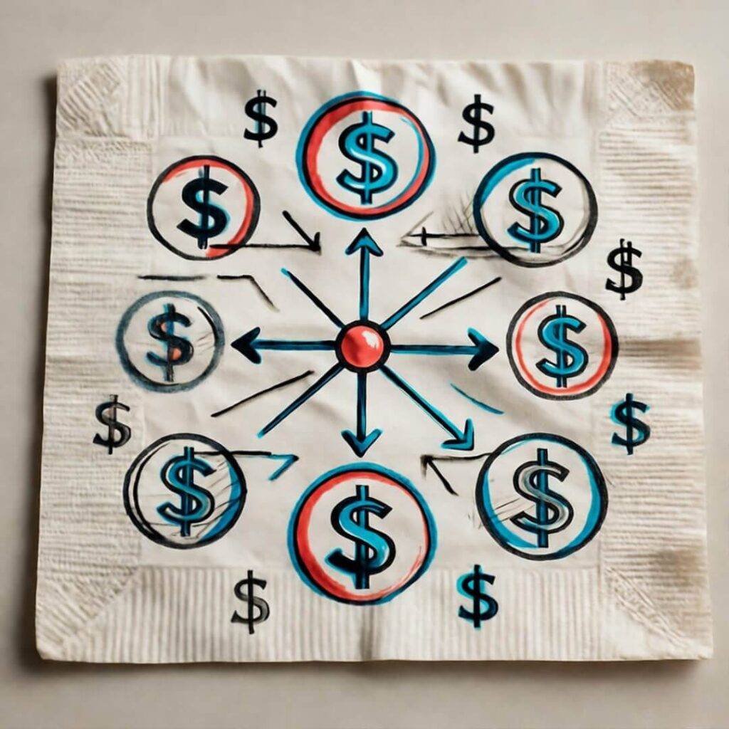 Napkin doodle of payment flow with dancing dollars, smudged, red and blue chaos.