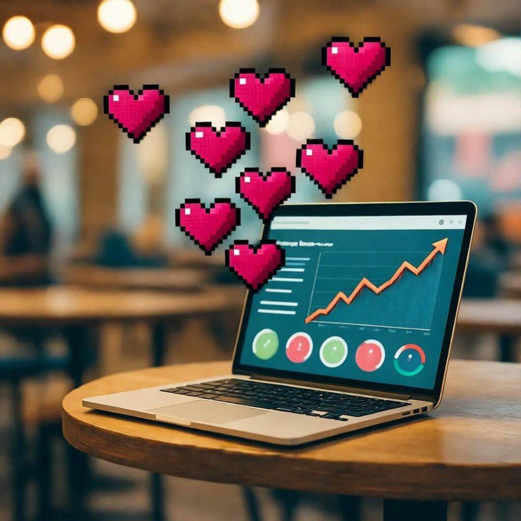 Laptop on a table displaying a graph with pixelated hearts floating above.