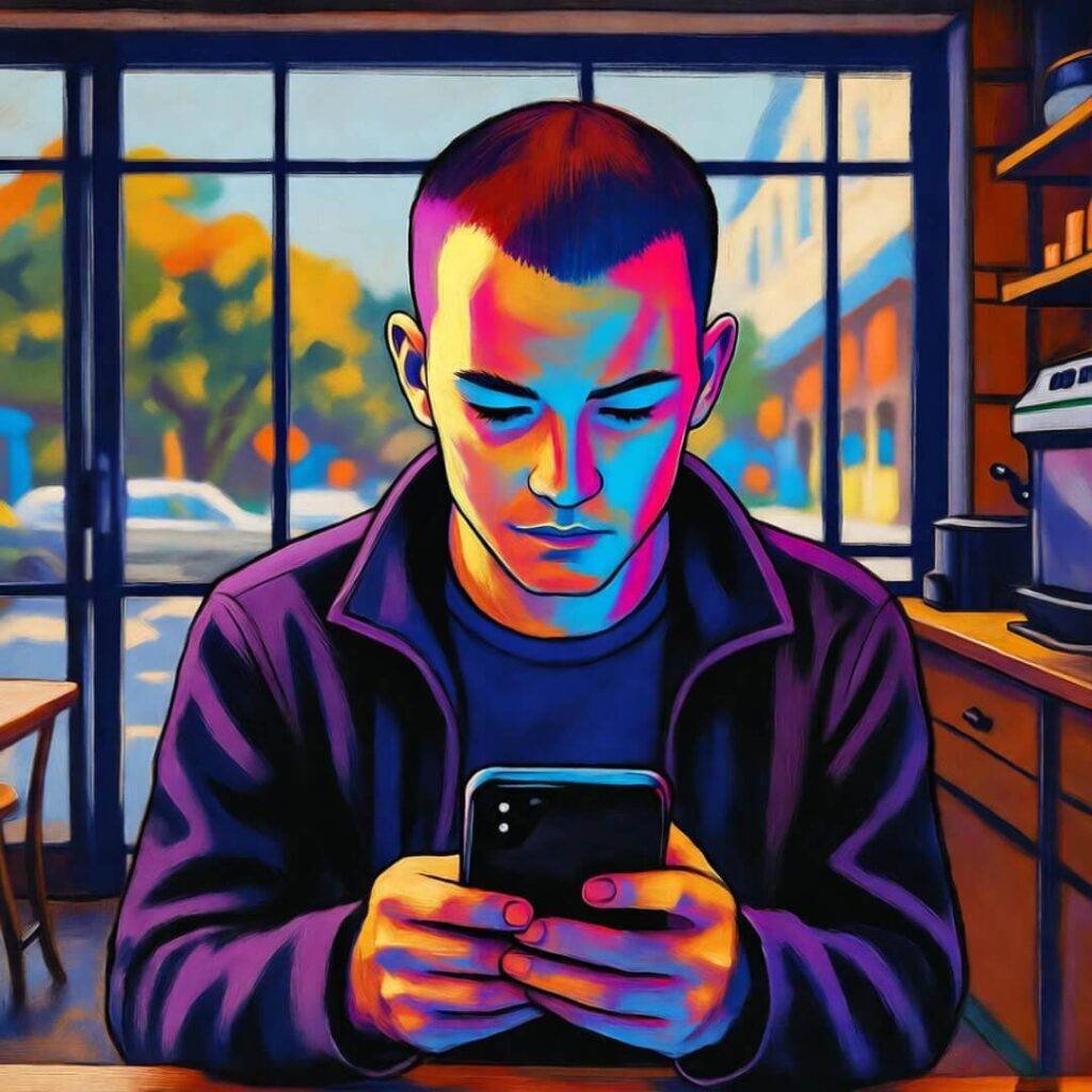 Person at coffee shop, engrossed in phone, impressionistic style, bold blue and yellow.