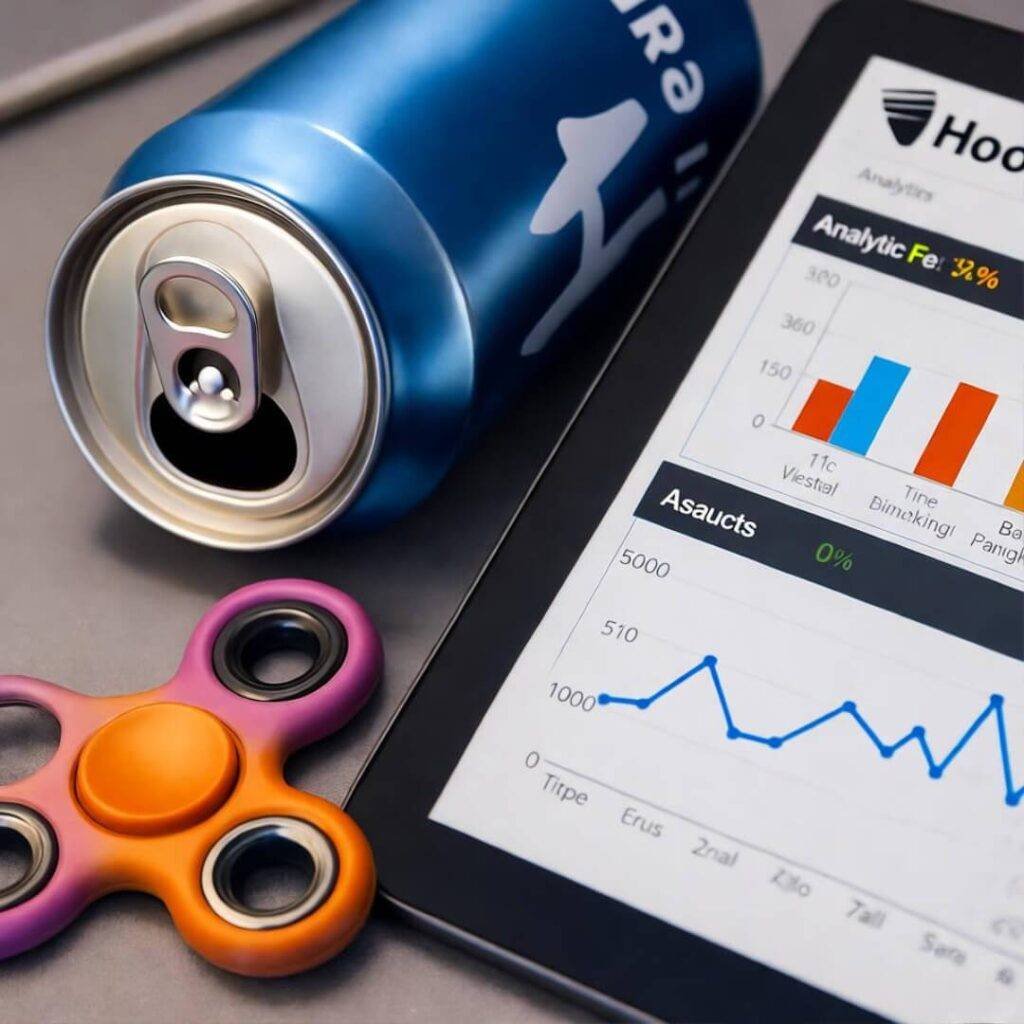 Blurred tablet with Hootsuite analytics, spilled energy drink, and fidget spinner.