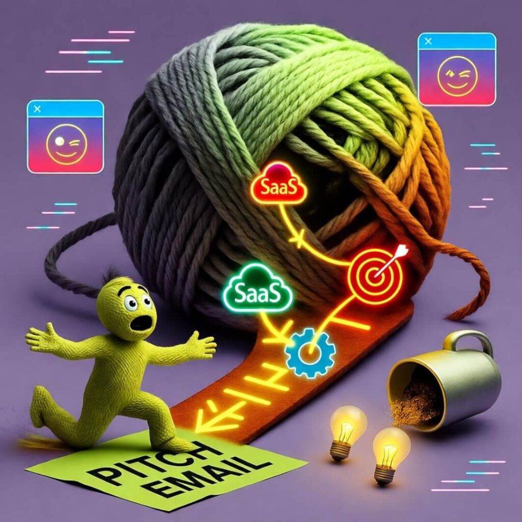 Yarn unravels to SaaS roadmap, cartoon trips on email, mug spills idea bulbs, glitches.