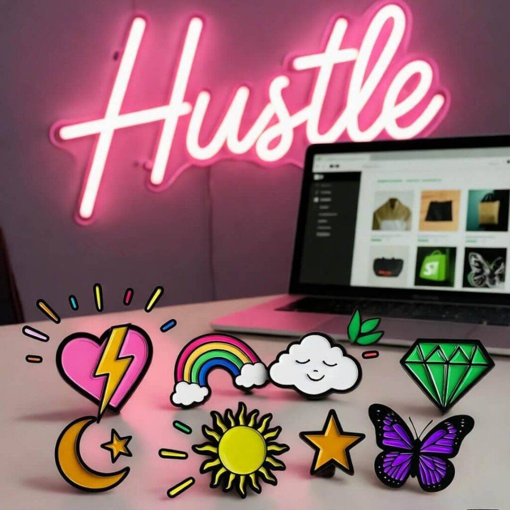 Queens desk with Shopify laptop, scattered pins, glowing "Hustle" sign, confetti bursts.