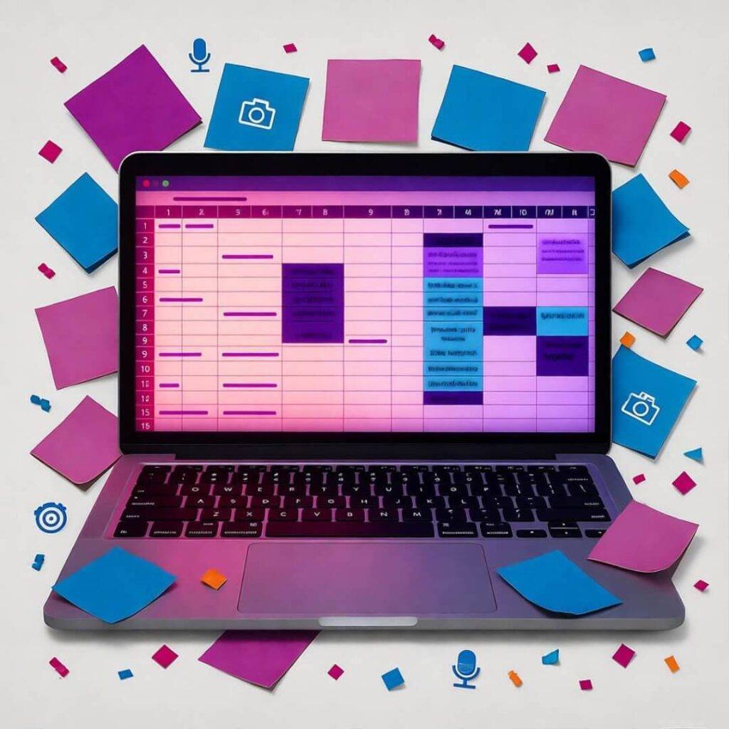 Laptop with neon spreadsheet, sticky notes, confetti, camera, and mic icons.