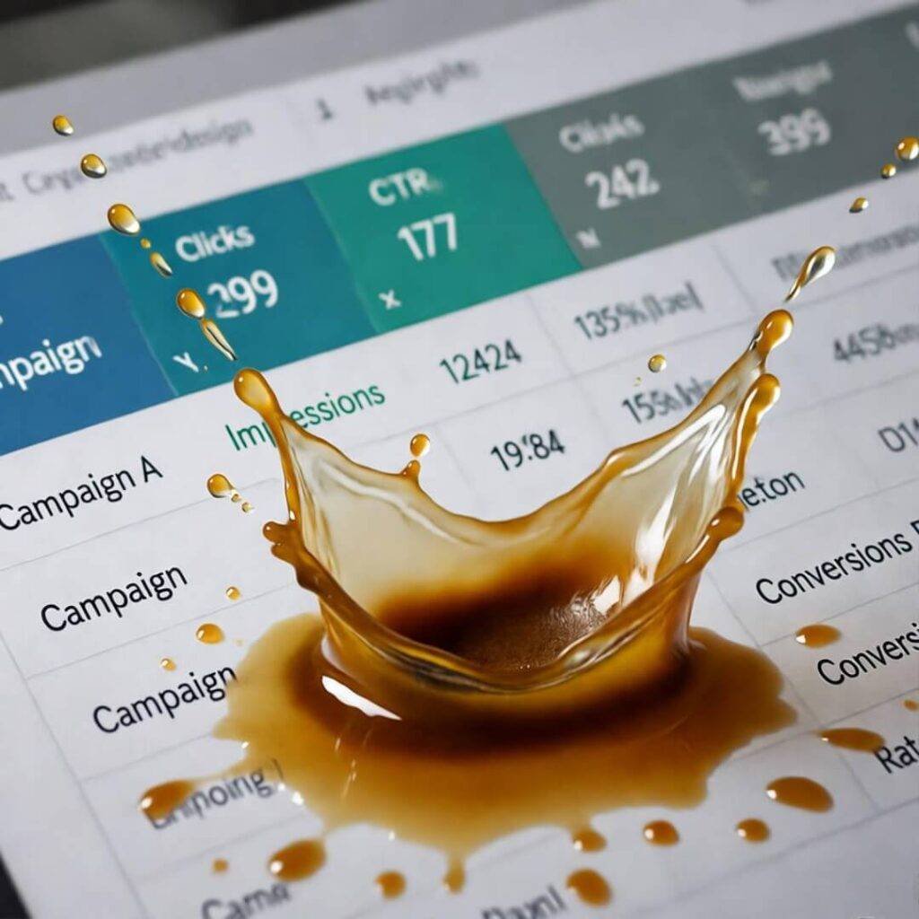 Campaign dashboard screenshot with coffee spill, vibrant pink and green tones.