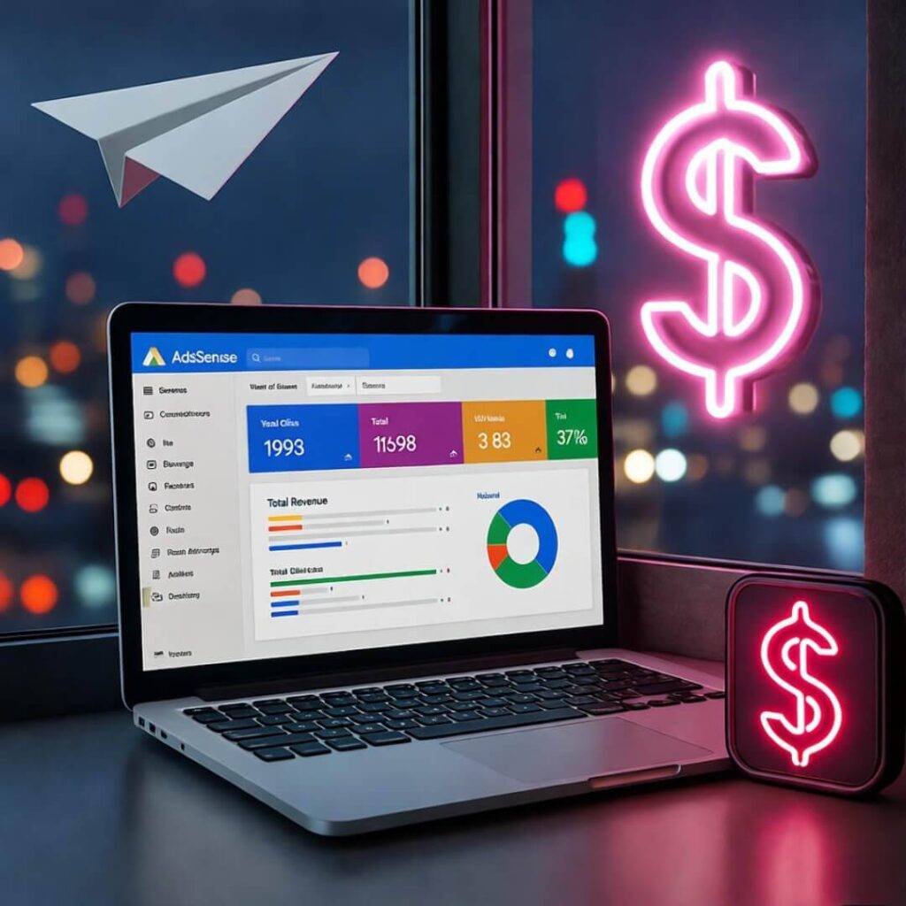 Blurred laptop with AdSense, city lights reflection, paper plane, neon "$" sign.