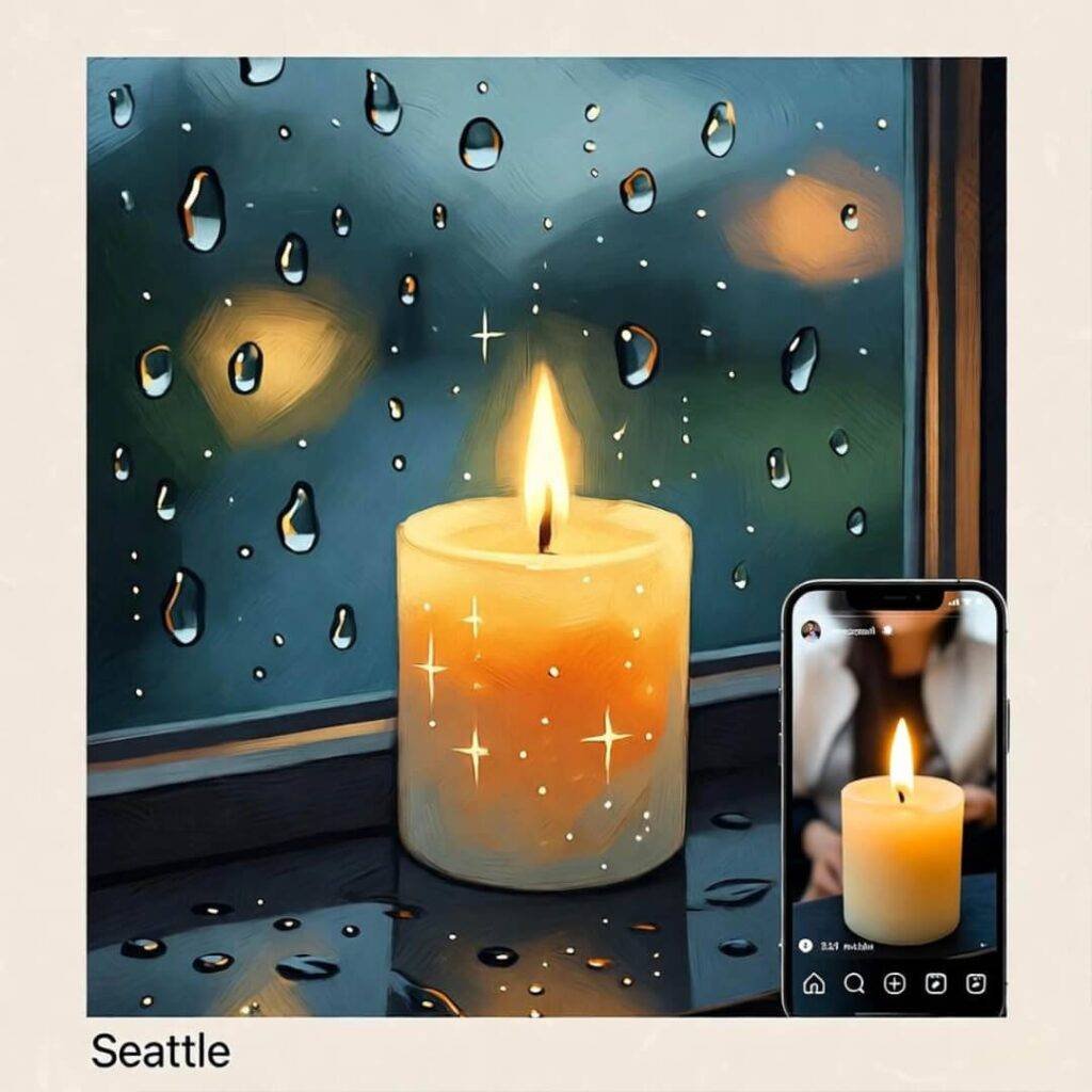 Rainy Seattle windowsill with glowing candle, phone showing influencer’s Insta story.