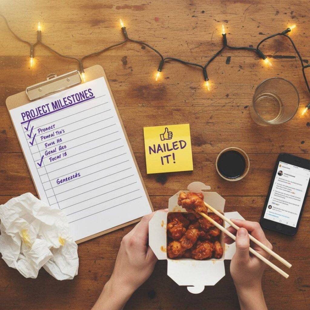 Overhead view of takeout food, a checklist, and a "Nailed It!" sticky note.