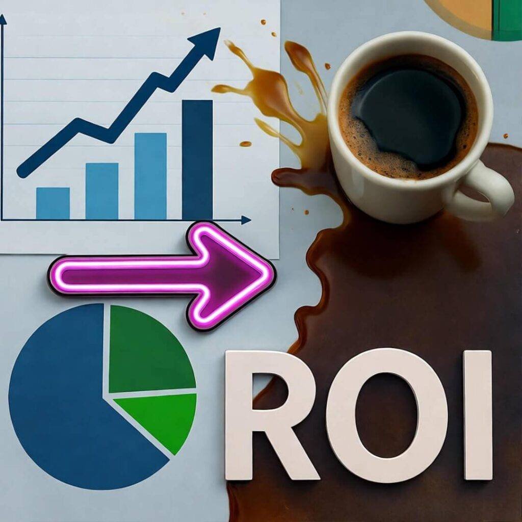 Collage of analytics charts, spilled coffee, neon "ROI" arrow, blurry chaotic vibe.