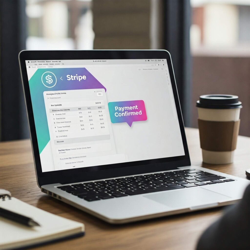 Stripe payment confirmed on laptop.
