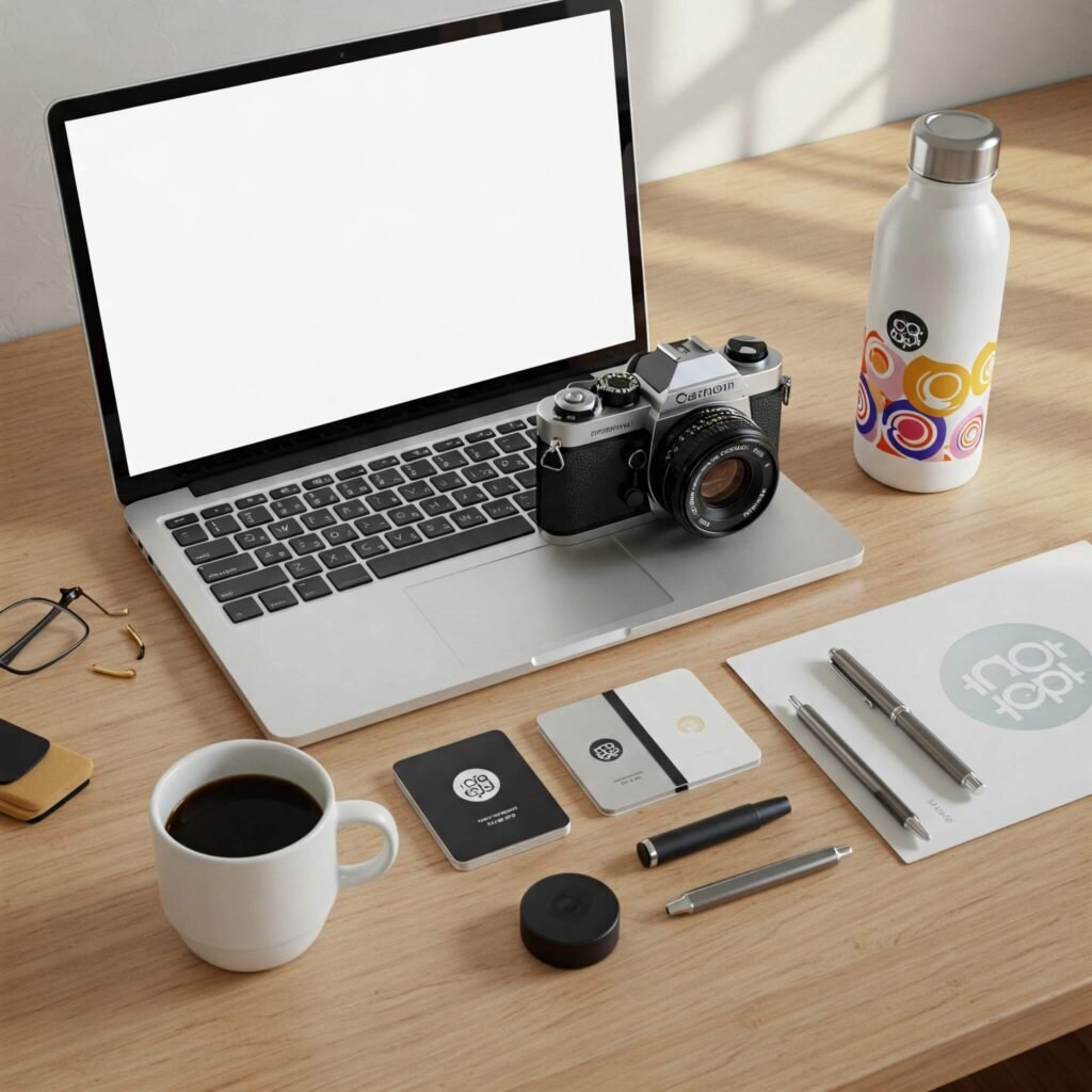 Minimalist micro-influencer workspace with laptop and camera.
