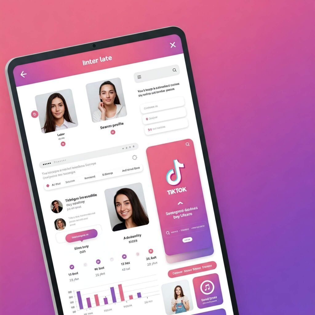 Later's Influencer Search Interface Mockup: Dashboard with search filters, influencer profiles, and TikTok & Instagram icons for optimal influencer marketing