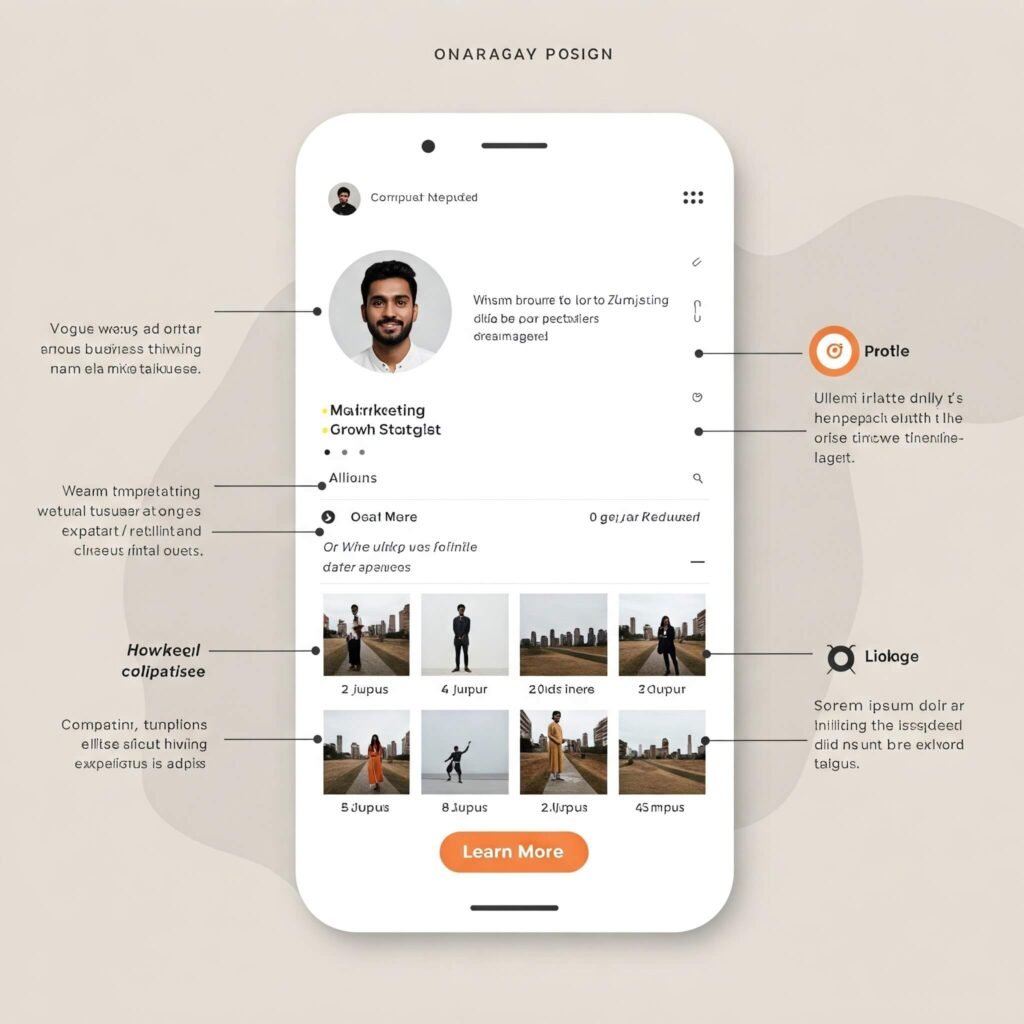 Professional and inviting Instagram profile mock-up, including a clear call to action and subtle explanatory annotations.