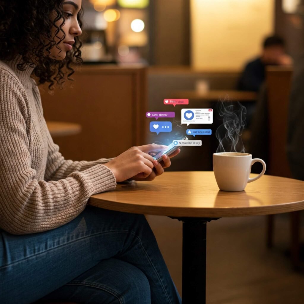 Person replying to social media comments on a smartphone in a cozy setting, with notification bubbles.