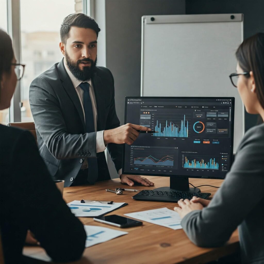 Consultant presenting social media analytics dashboard to client