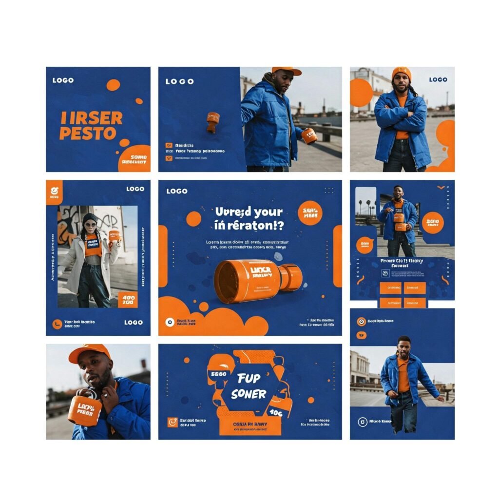 Vibrant social media feed with cohesive brand aesthetic and bold blue and orange colors.