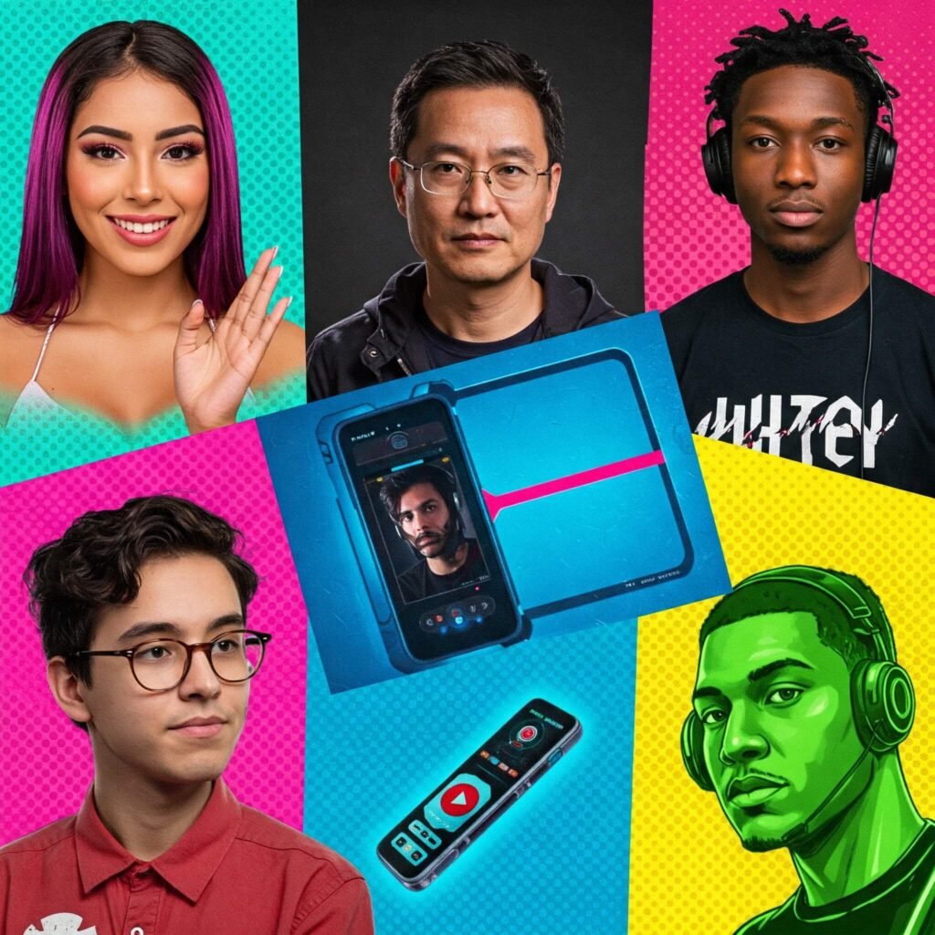 Vibrant collage of diverse YouTubers with bright, energetic colors.