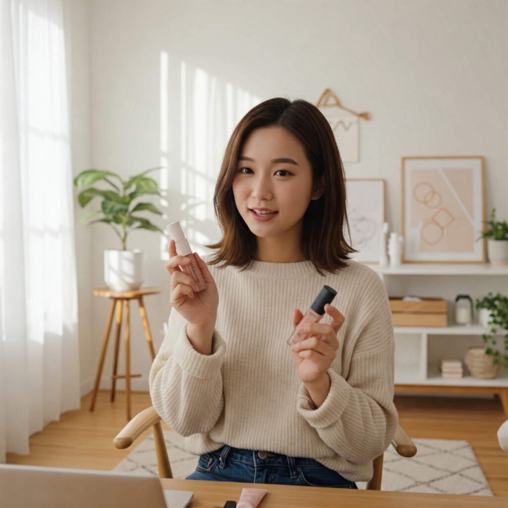 Influencer filming a product review in a cozy setting.