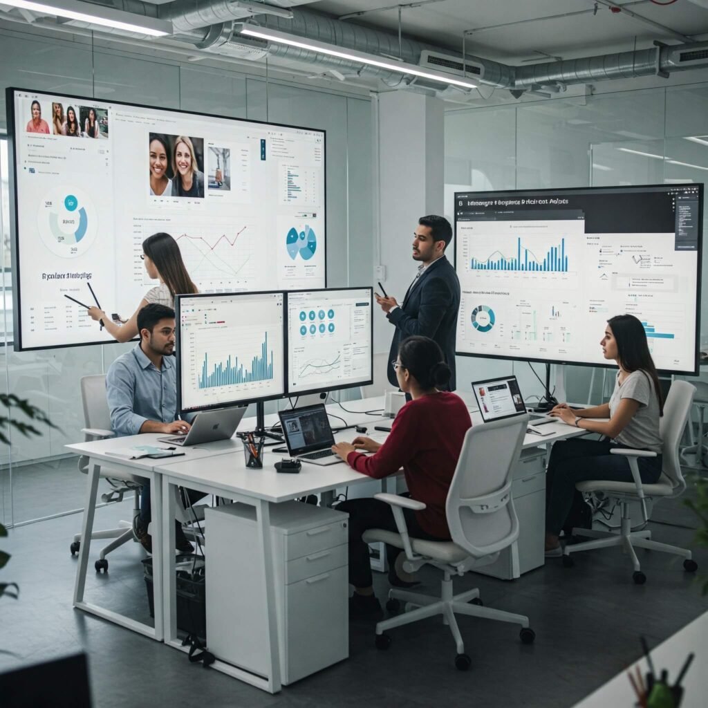 Marketers analyzing influencer campaign data on large screens in a modern, clean, white, gray, and blue office