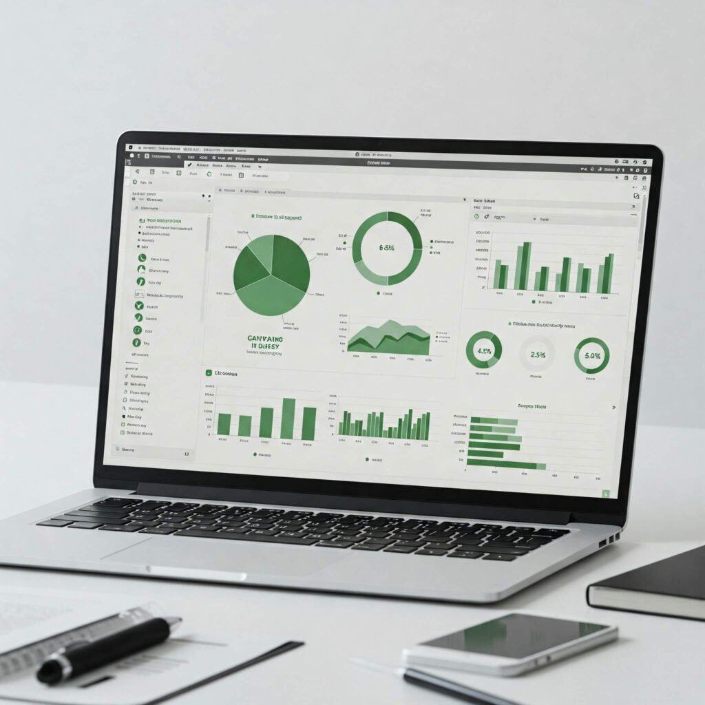 Laptop displaying campaign metrics with green and white visuals, indicating a results-oriented approach