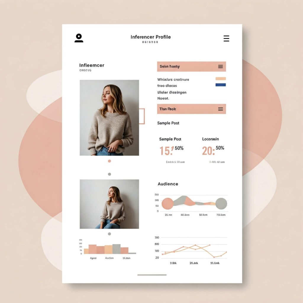 Influencer profile with stats, sample post, and audience data shown in a minimalist design.