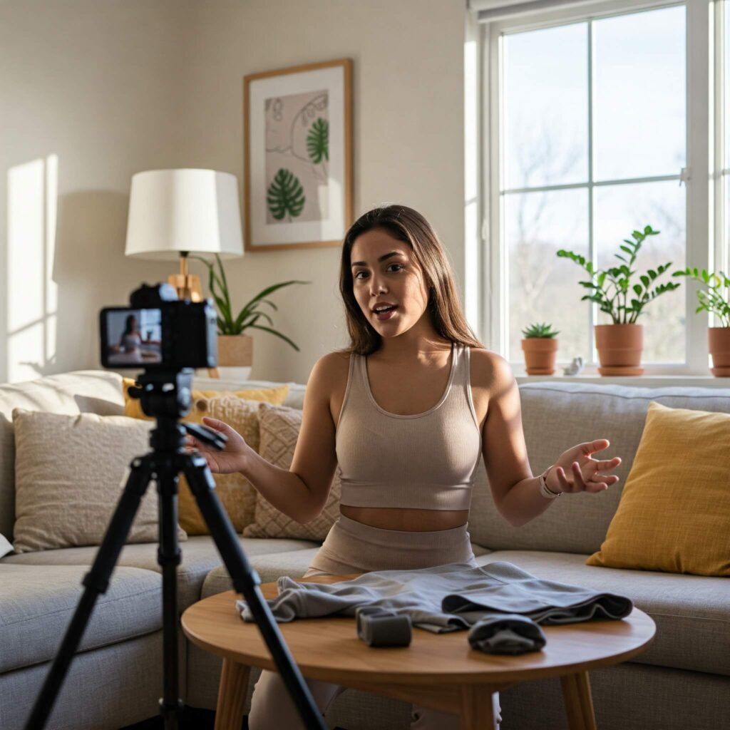 Micro-influencer promoting product in cozy setting