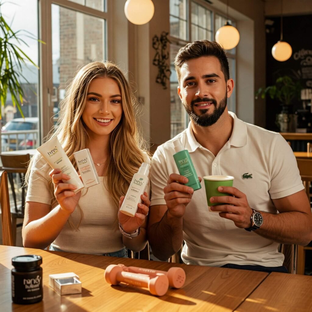 Influencers in a coffee shop or gym holding skincare and fitness products