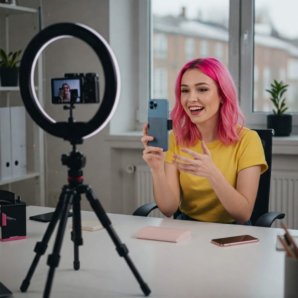 Influencer filming product review.